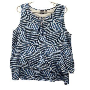 Rafaella Blue White Abstract Sleeveless Blouse With Tie Neck Lined Large